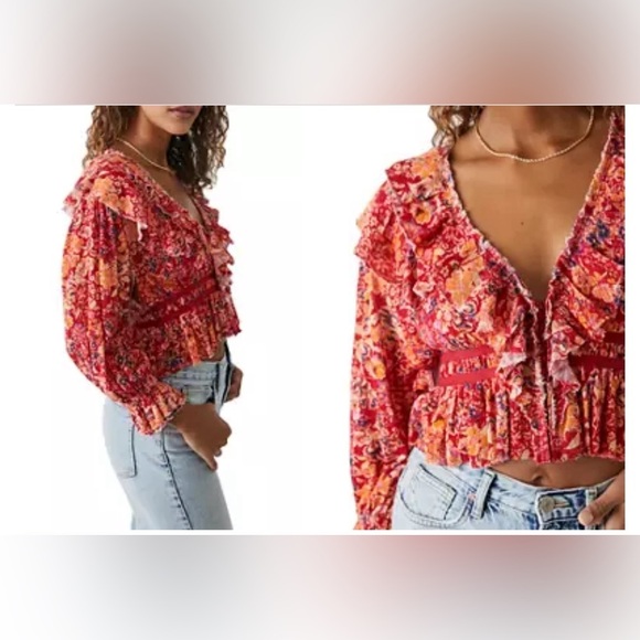 Free People Rudi Floral Printed Ruffle Cropped Blouse Cherry Combo Size XL *77 - Picture 1 of 3